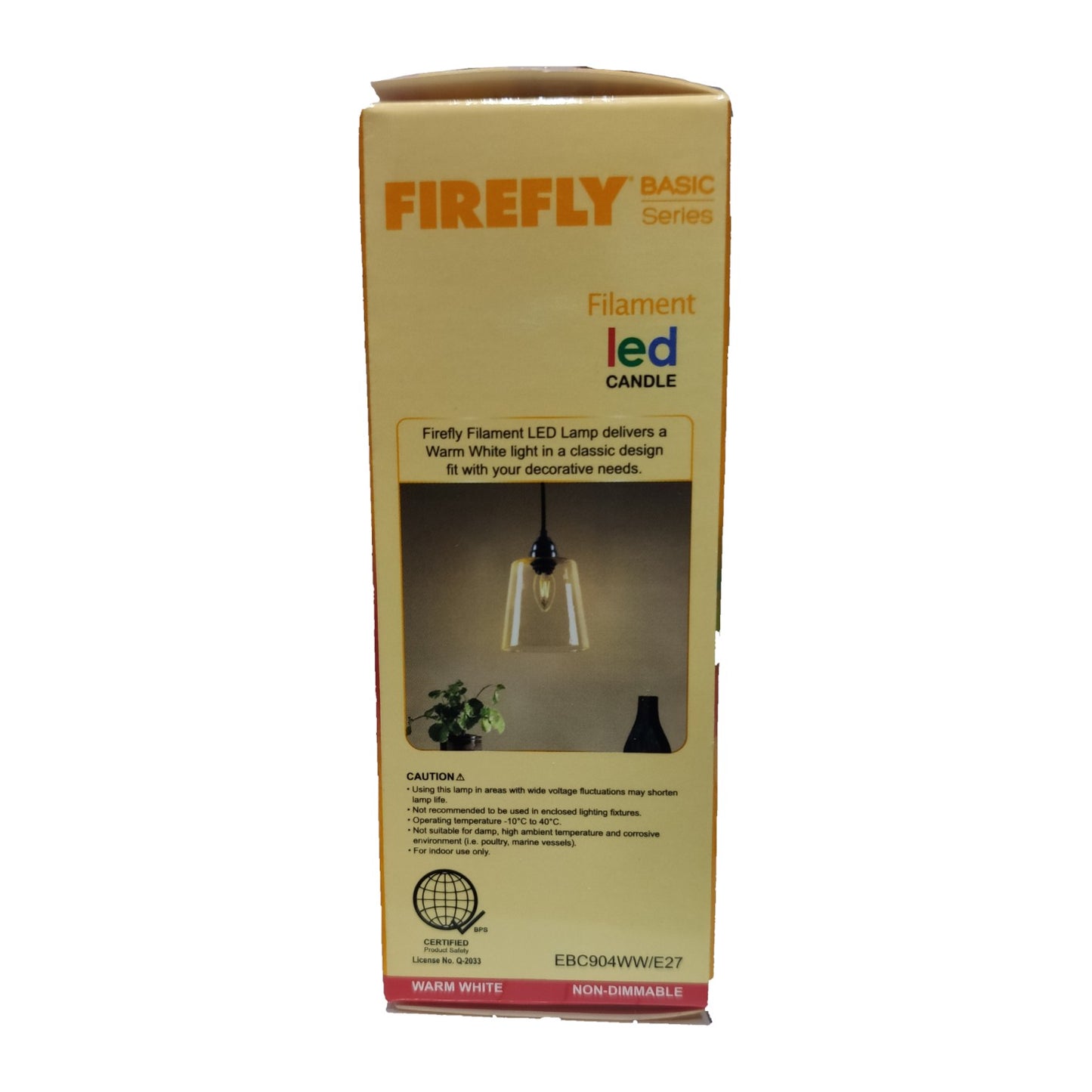 Box packaging of Firefly Basic Series filament LED candle light on a white background
