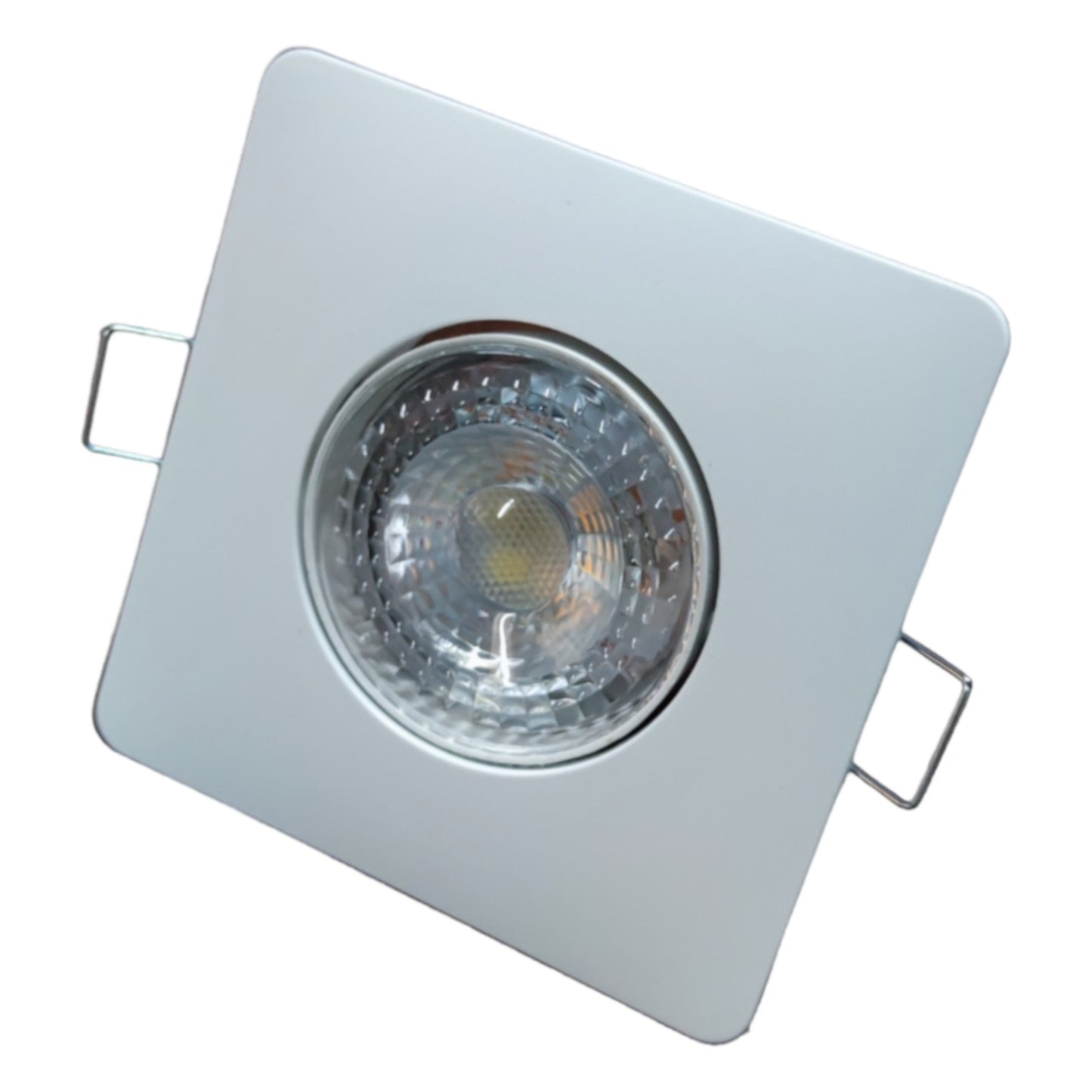 Square recessed ceiling light with a silver frame on a white background