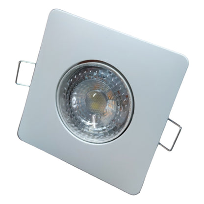 Square recessed ceiling light with a silver frame on a white background