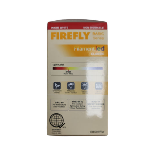 Firefly filament LED packaging on a white background