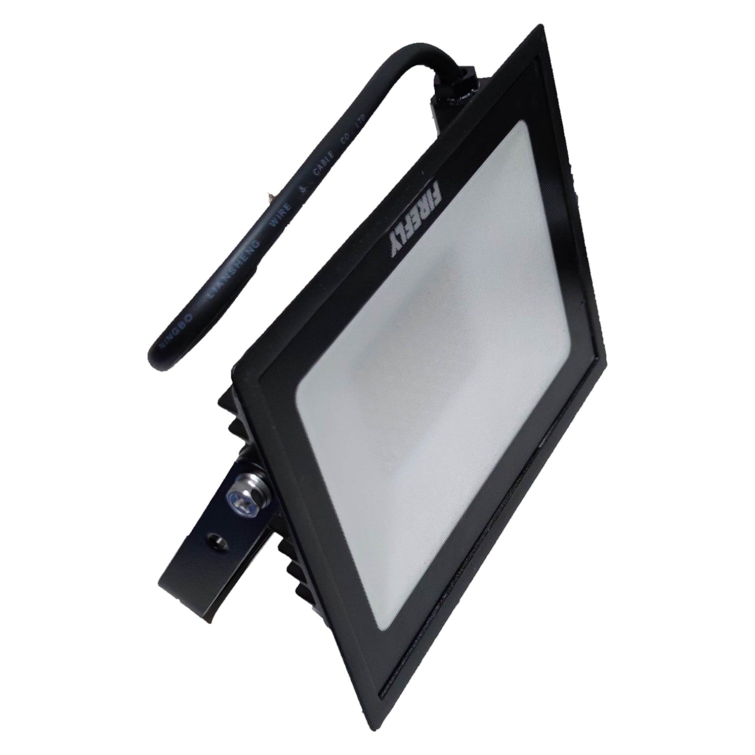 Black flood light with a white reflector on a white background