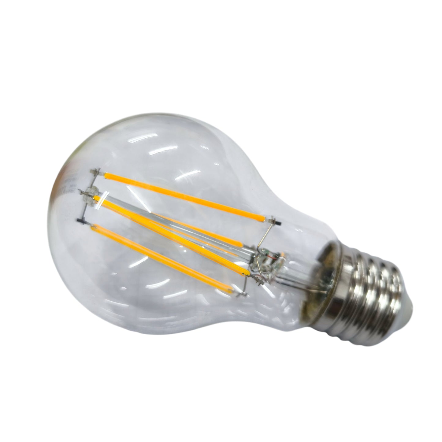 Clear LED light bulb with visible filaments on a white background