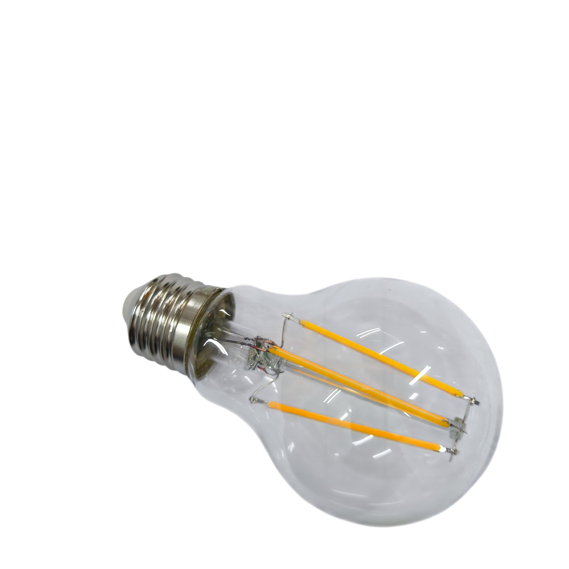 Clear LED light bulb with visible filaments on a white background
