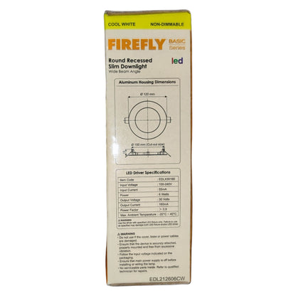 Box of Firefly Basic Series round recessed slim downlight LED light fixture on a white background
