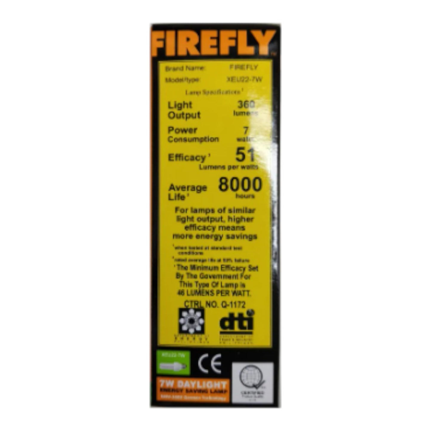 Firefly lamp packaging with specifications on a white background Firefly 7W Daylight 6500K CFL E27 220V 2U XEU22-7WDL Electx Electrical Supply