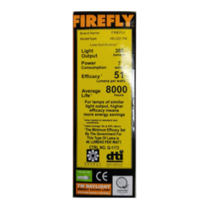 Firefly lamp packaging with specifications on a white background Firefly 7W Daylight 6500K CFL E27 220V 2U XEU22-7WDL Electx Electrical Supply
