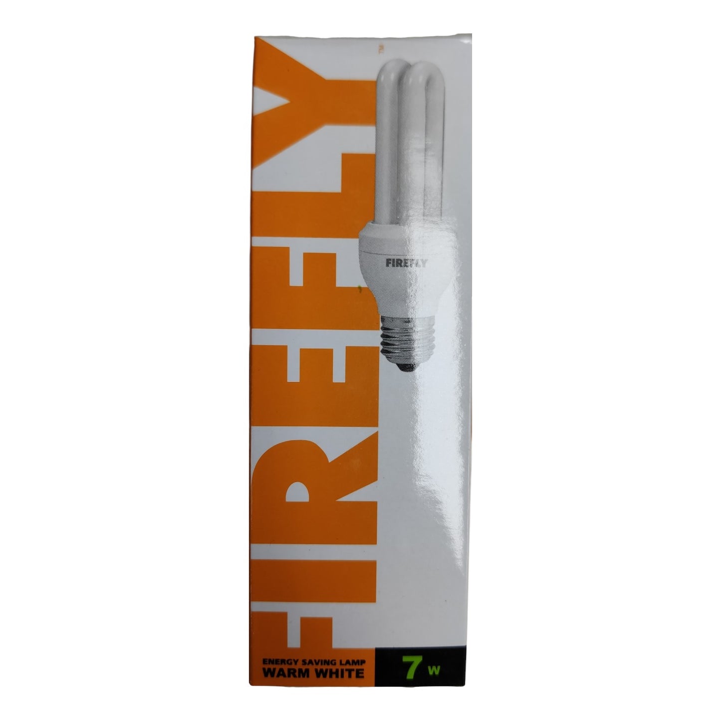 Compact fluorescent light bulb in packaging with visible brand name on a white background Firefly 7W Warm White 3000K CFL E27 220V 2U XEU22-7WWW