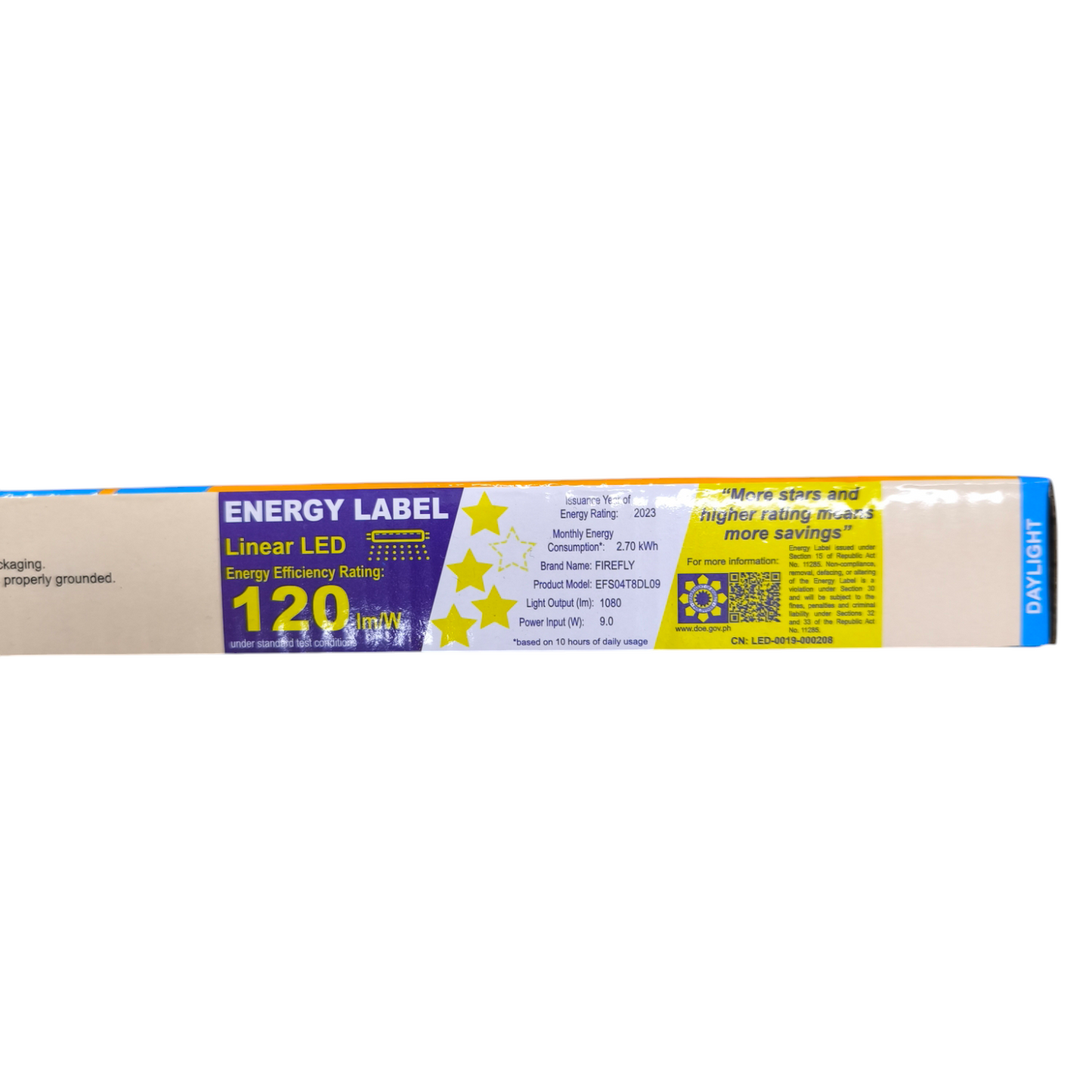 LED light bulb packaging with energy label on a white background Firefly 9W LED Fluorescent Tube Daylight 6500K Double Ended 220V EFS04T8DL09 Electx Electrical Supply