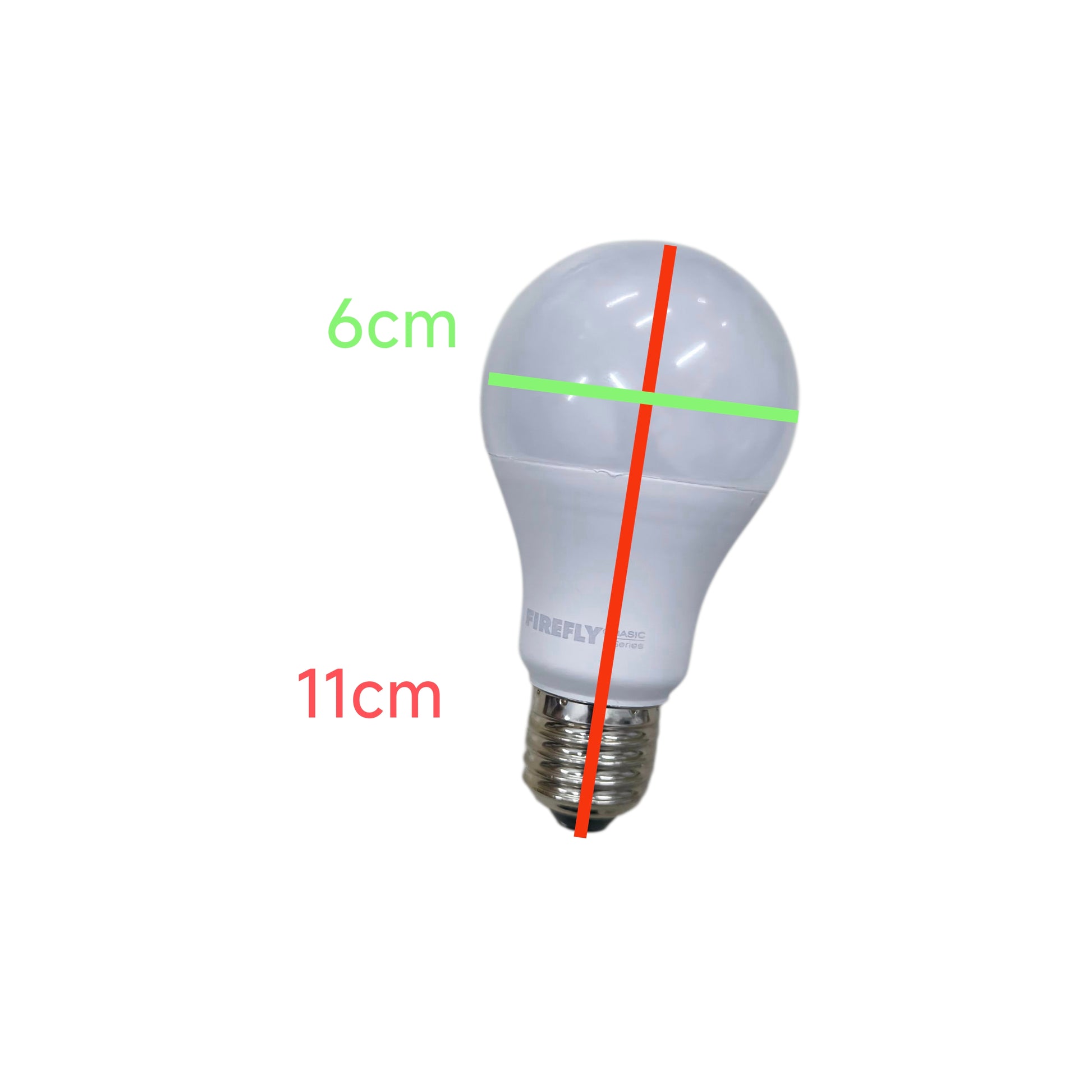 LED light bulb with measurements on a white background