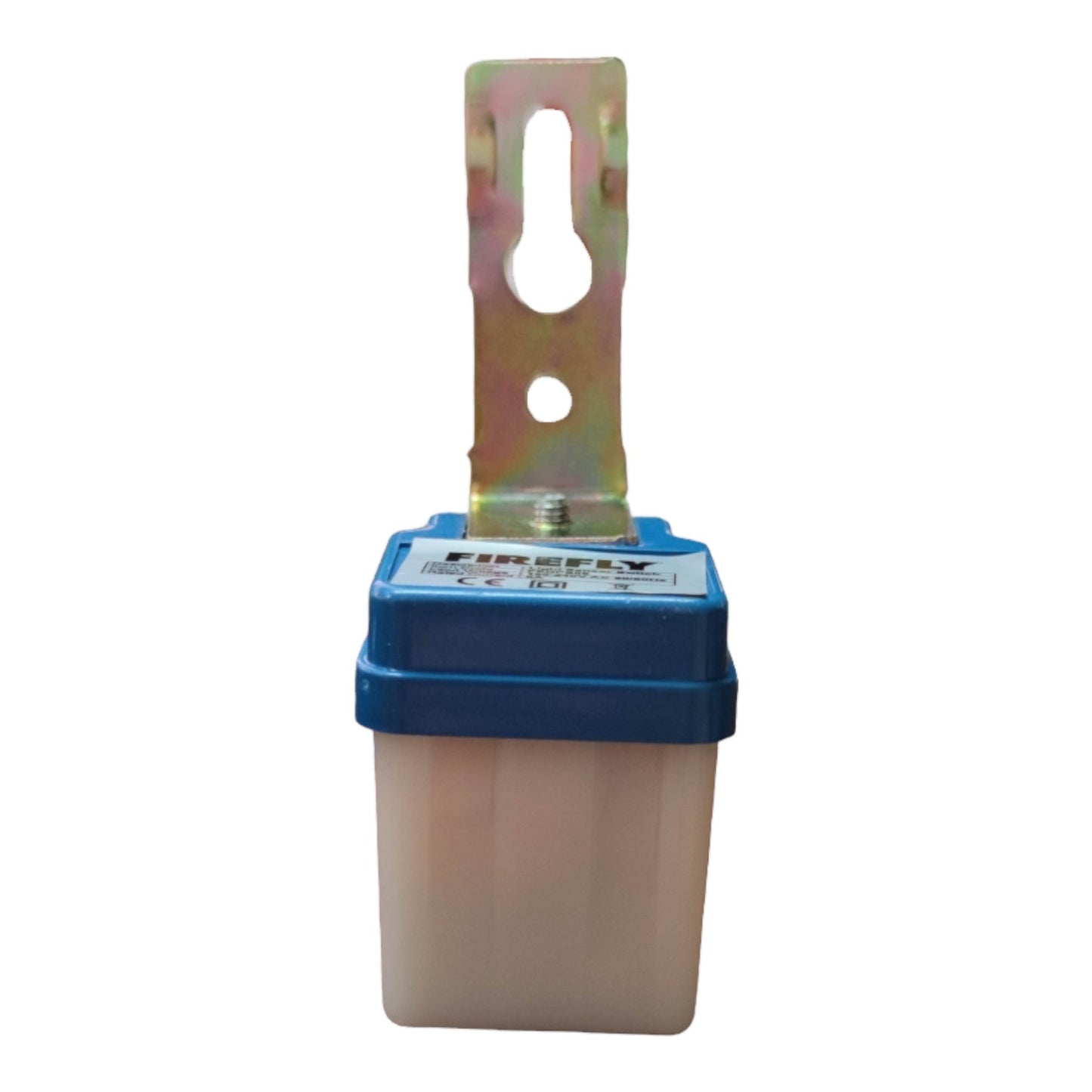 Rectangular electrical component with blue top and beige body on a white background