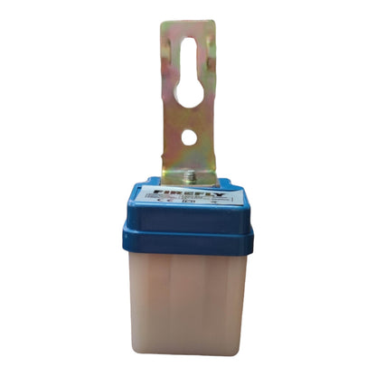 Rectangular electrical component with blue top and beige body on a white background