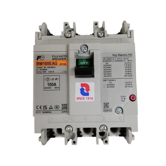 Fuji MCCB breaker 100A 3 pole designed for industrial electrical applications with safety features