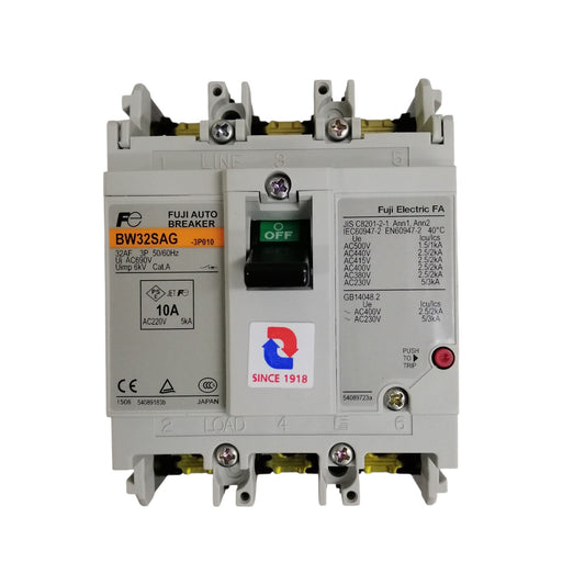 Front view of Fuji 10A 3 Pole MCCB circuit breaker. showing white housing, green OFF switch and terminal connections