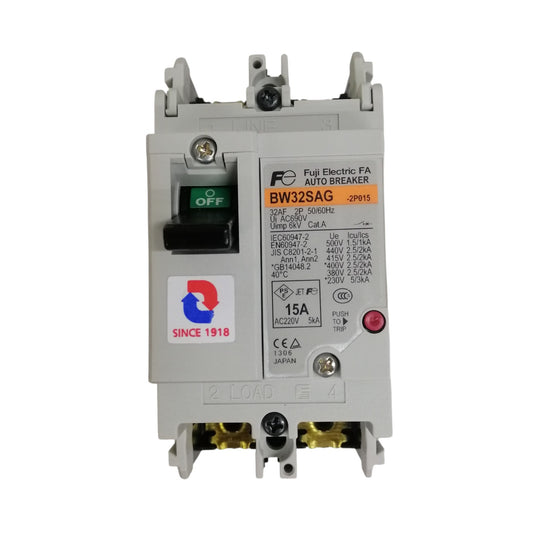Fuji MCCB 15A circuit breaker. Fuji Electric BW32SAG molded case 15A AC220V breaker for industrial panels