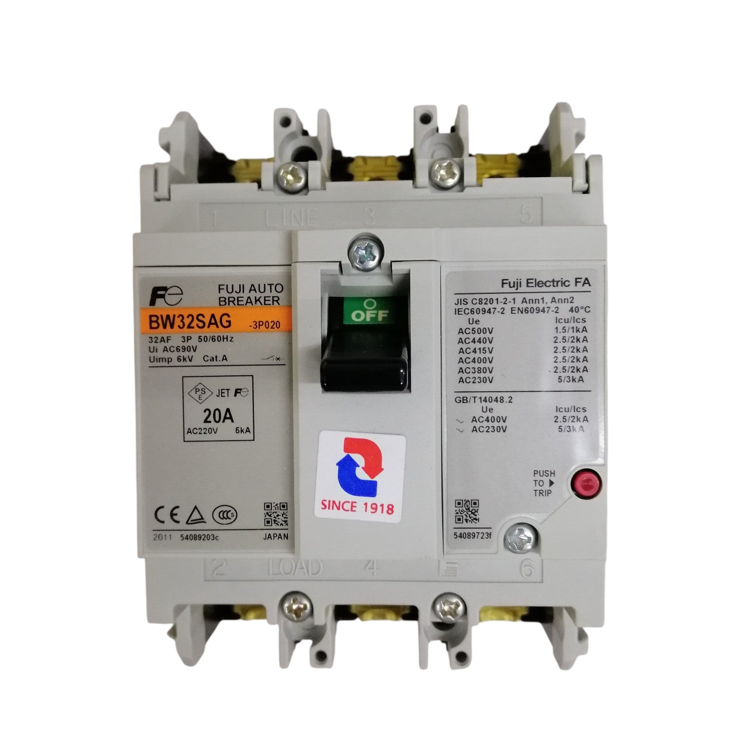 Fuji MCCB Molded Case Circuit Breaker BW32SAG-CE 20A 3Pole