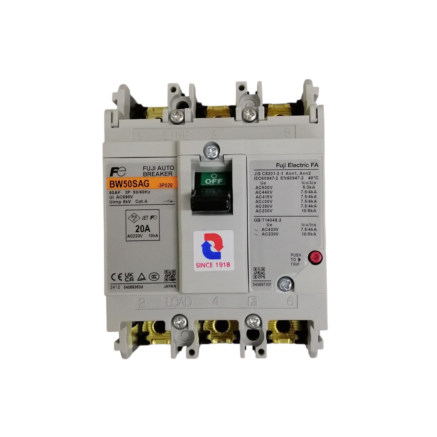 Fuji MCCB 20A molded case circuit breaker. Gray three pole industrial breaker with green ON OFF switch and terminal studs