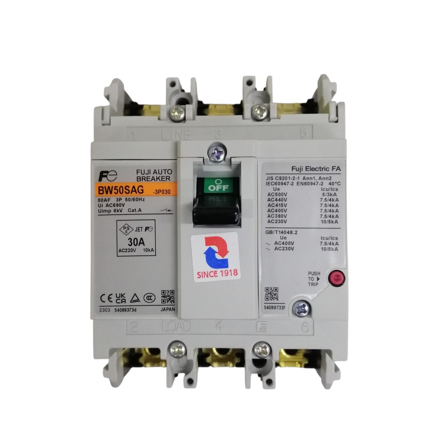 Fuji MCCB molded case circuit breaker 30A. White 3 pole Fuji Auto Breaker with toggle switch and screw terminals