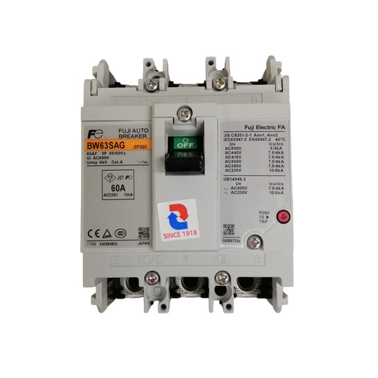 Fuji MCCB Molded Case Circuit Breaker BW63SAG-CE 60A 3Pole 10kAIC@230VAC, 7.5kAIC@380/440VAC, 5kAIC@500VAC Dimension (mm):75(W)x 100(H)x 60(D)