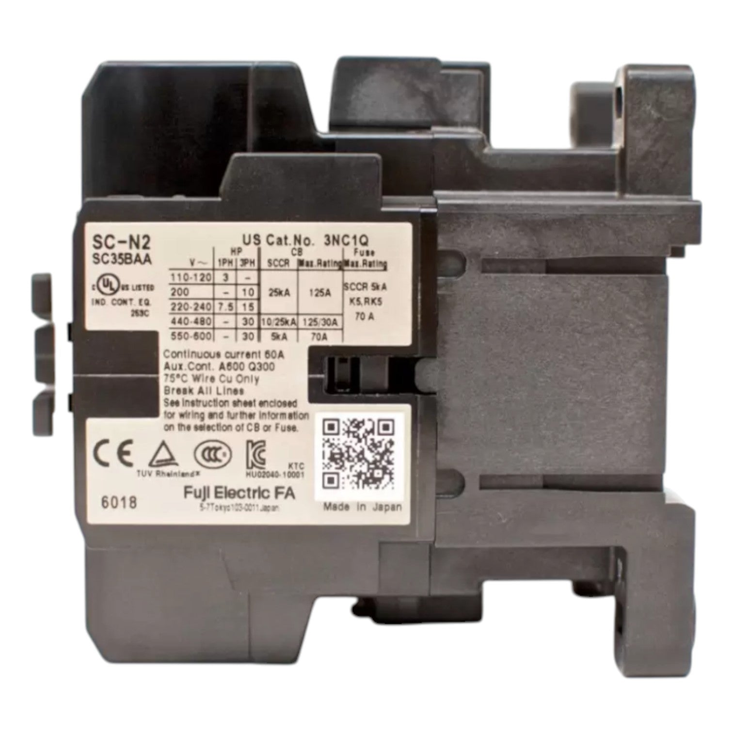 Electrical contactor with technical specifications on a white background