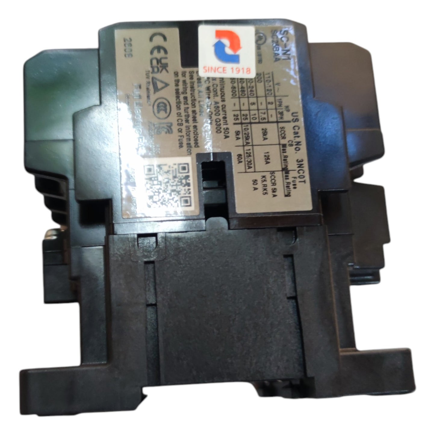 Black electrical contactor with visible branding and certification logos on a white background