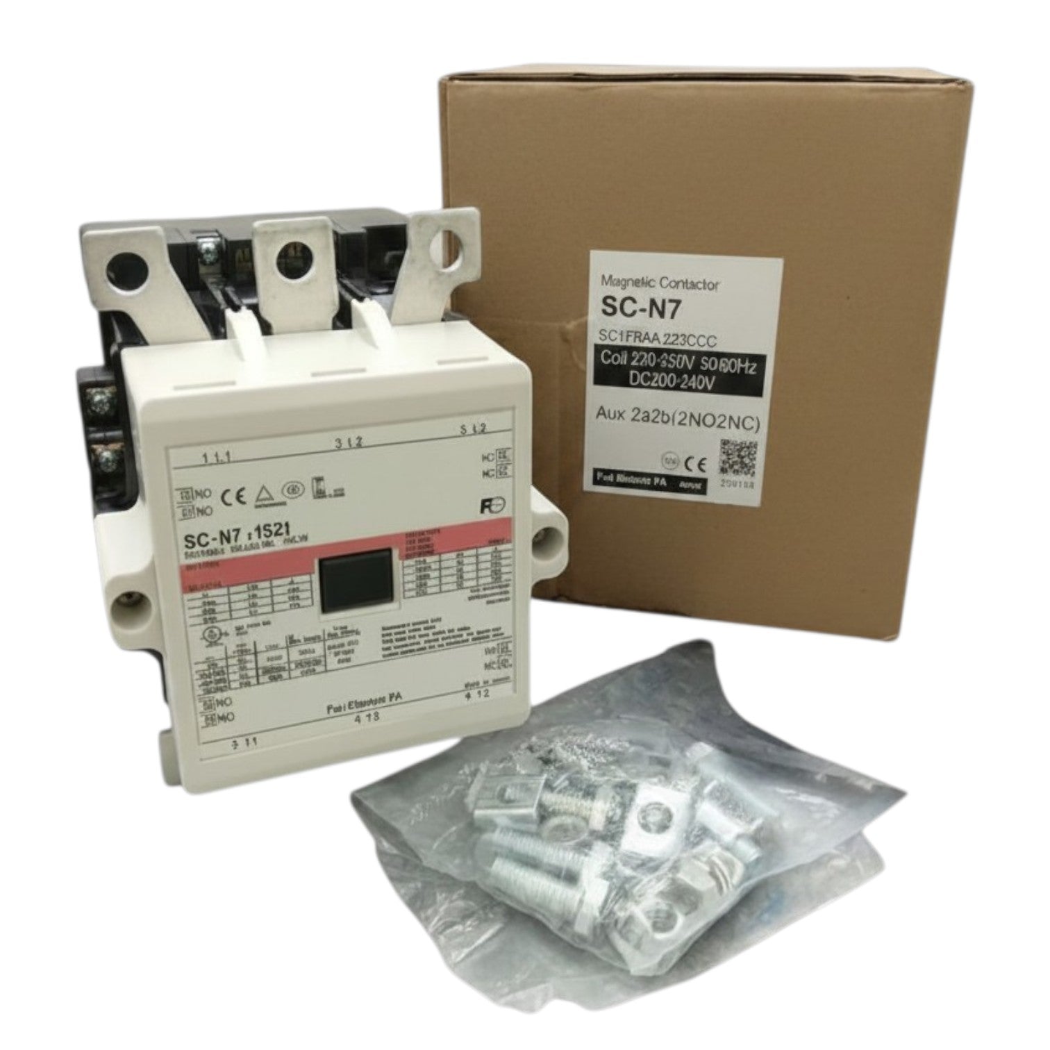 Electrical contactor with packaging and accessories on a white background