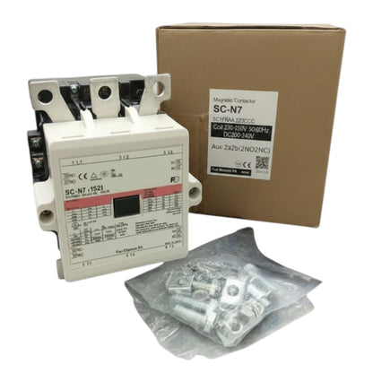 Electrical contactor with packaging and accessories on a white background
