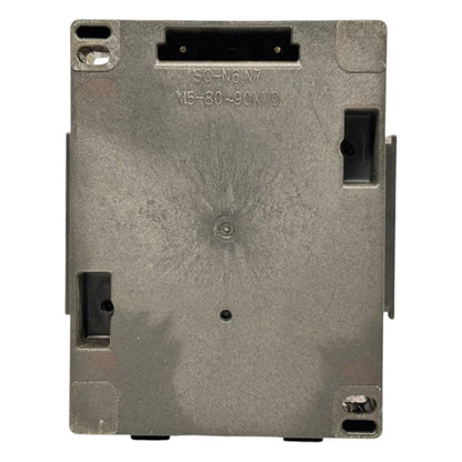 Metallic mechanical component with text and slots on a white background