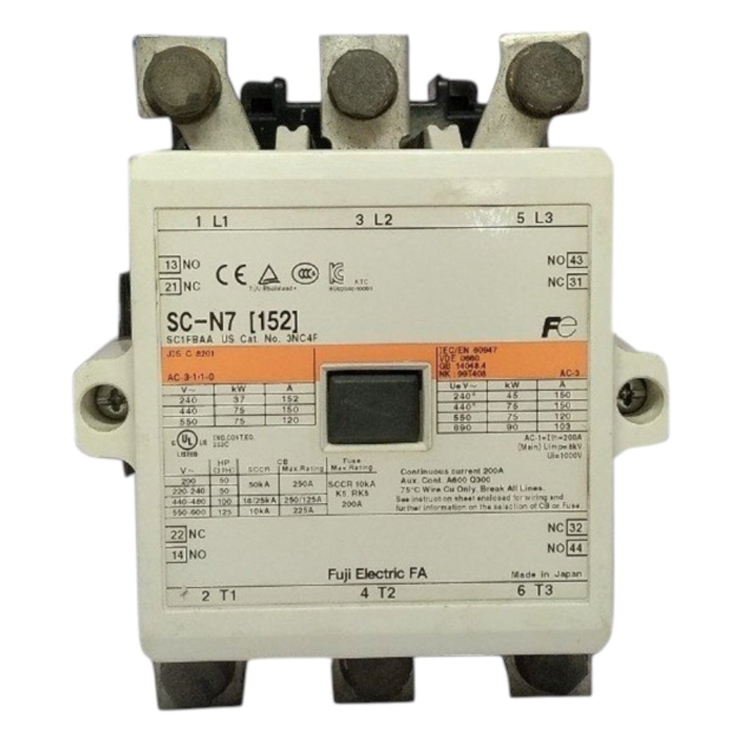 Electrical contactor with technical specifications on a white background