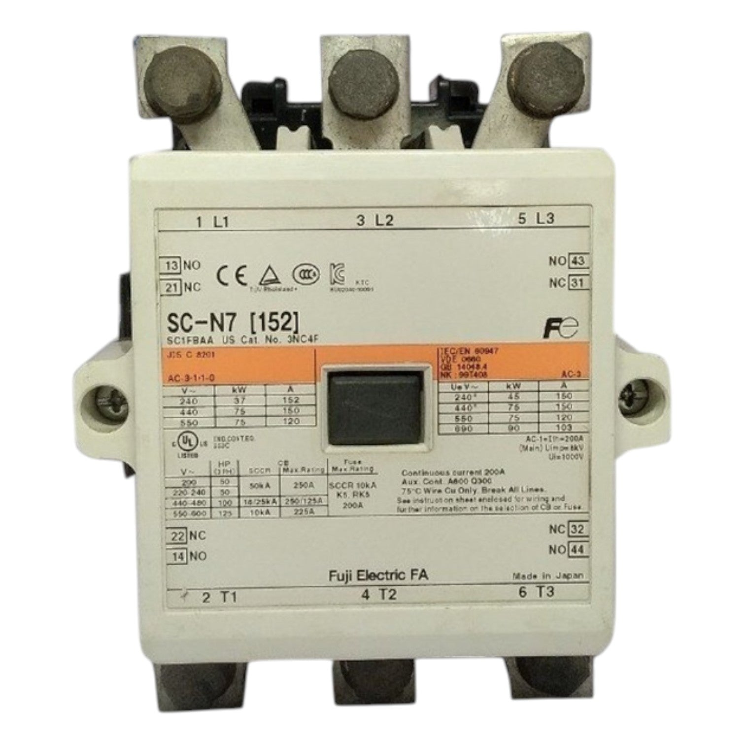 Electrical contactor with technical specifications on a white background