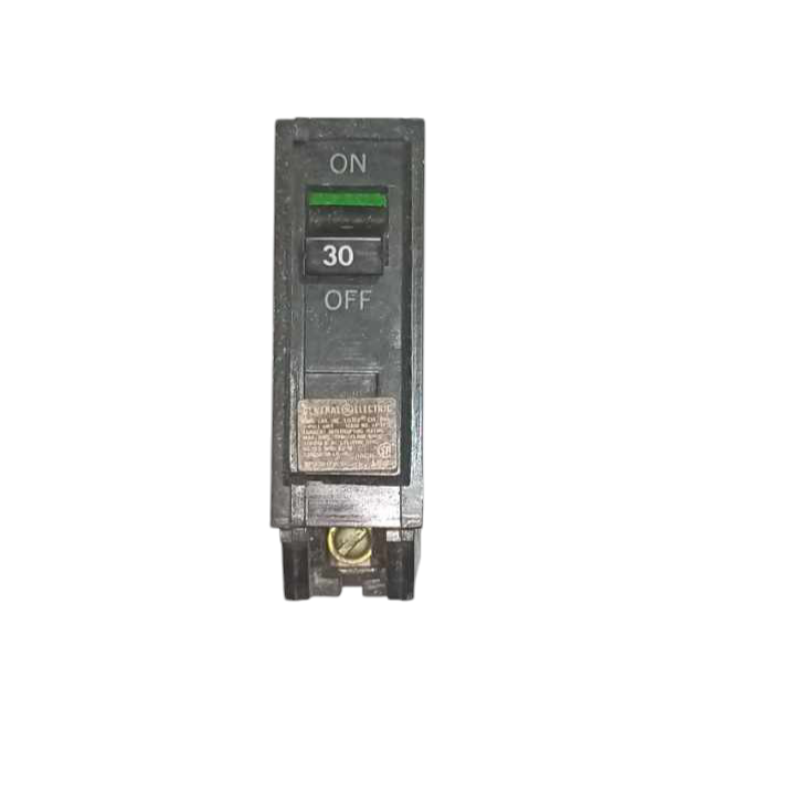 Electrical circuit breaker with 'ON' and 'OFF' labels on a white background GE 30A 1 Pole 10KAIC 220V Circuit Breaker Plug In TQL1430B for Safety Overload Single Pole Electx ELectrical Supply