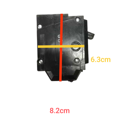 Black electrical breaker with measurements marked on a white background GE 30A 1 Pole 10KAIC 220V Circuit Breaker Plug In TQL1430B for Safety Overload Single Pole Electx ELectrical Supply