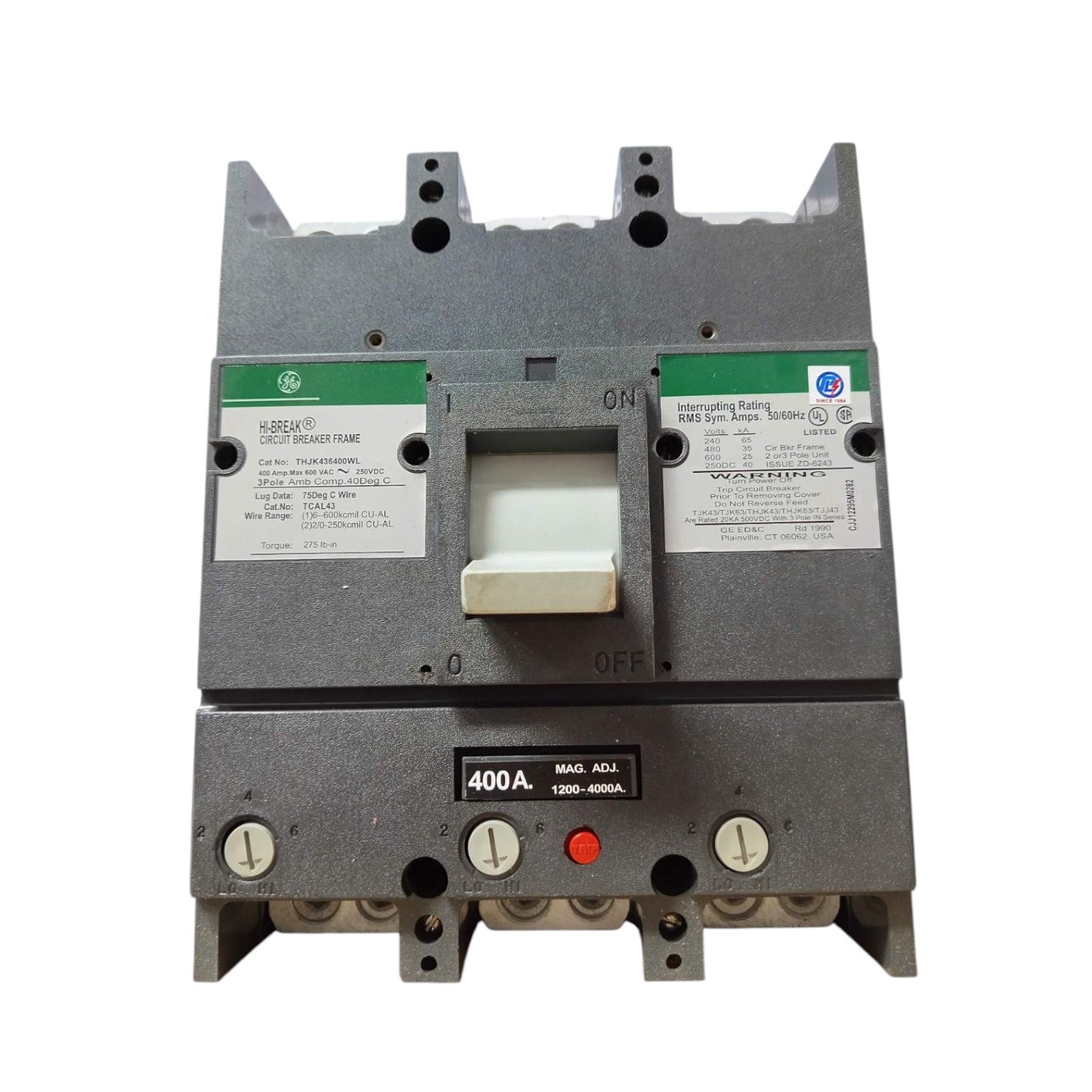 GE 400A 3 Pole Industrial Circuit Breaker THJK436400WLX Hi-Break