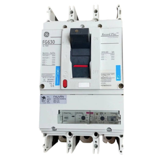 Electrical circuit breaker with GE branding on a white background GE 630A 3Pole 85KAIC 220V MCCB Industrial Circuit Breaker FG630 Record Plus FGNDA3630NF Electx Electrical SUpply