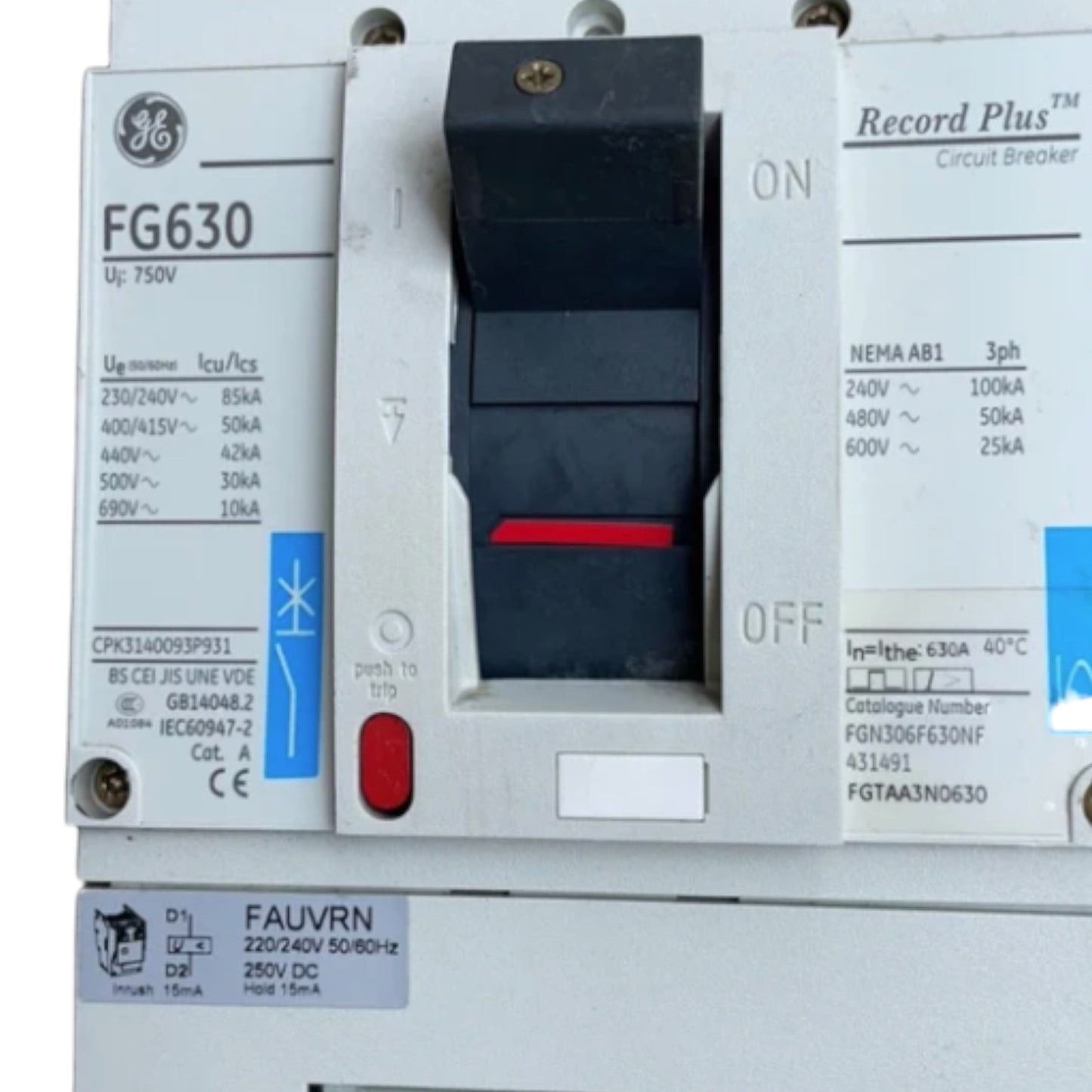 Electrical circuit breaker with GE branding and model number FG630. GE 630A 3Pole 85KAIC 220V MCCB Industrial Circuit Breaker FG630 Record Plus FGNDA3630NF Electx Electrical SUpply