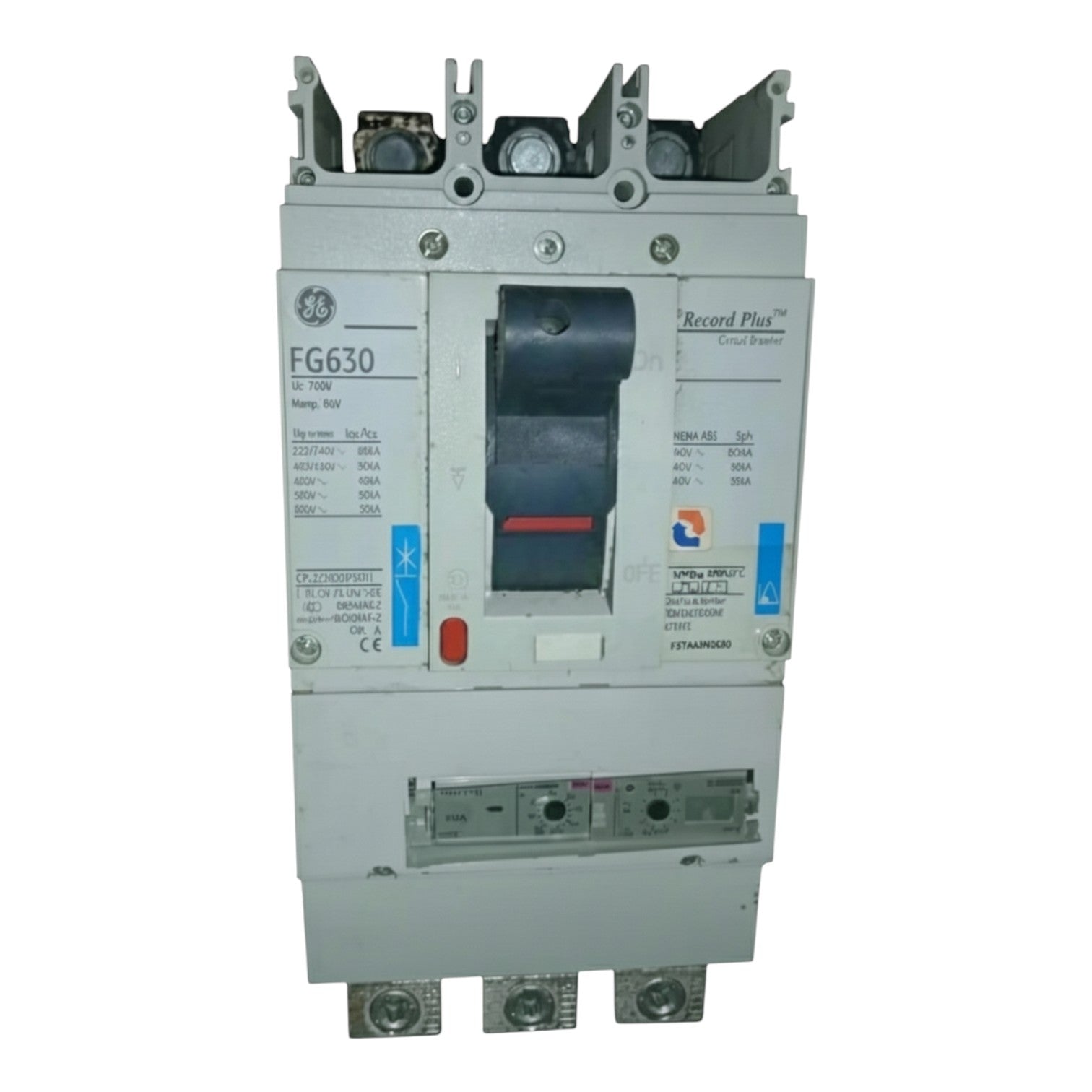 Electrical circuit breaker with GE branding on a white background GE 630A 3Pole 85KAIC 220V MCCB Industrial Circuit Breaker FG630 Record Plus FGNDA3630NF Electx Electrical SUpply
