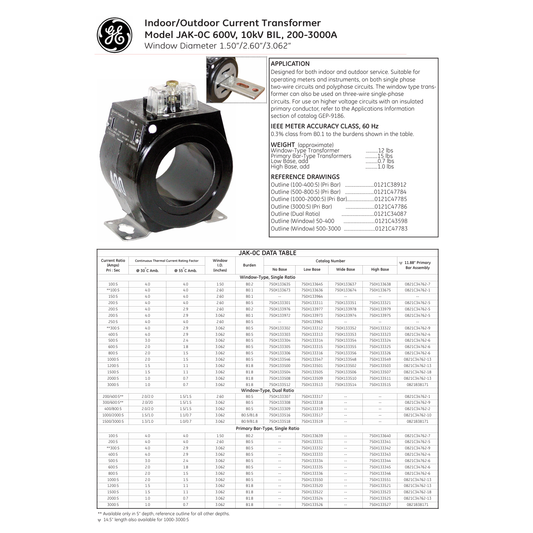 GE 1000:5A Current Transformer JAK-0C With ERC Certification