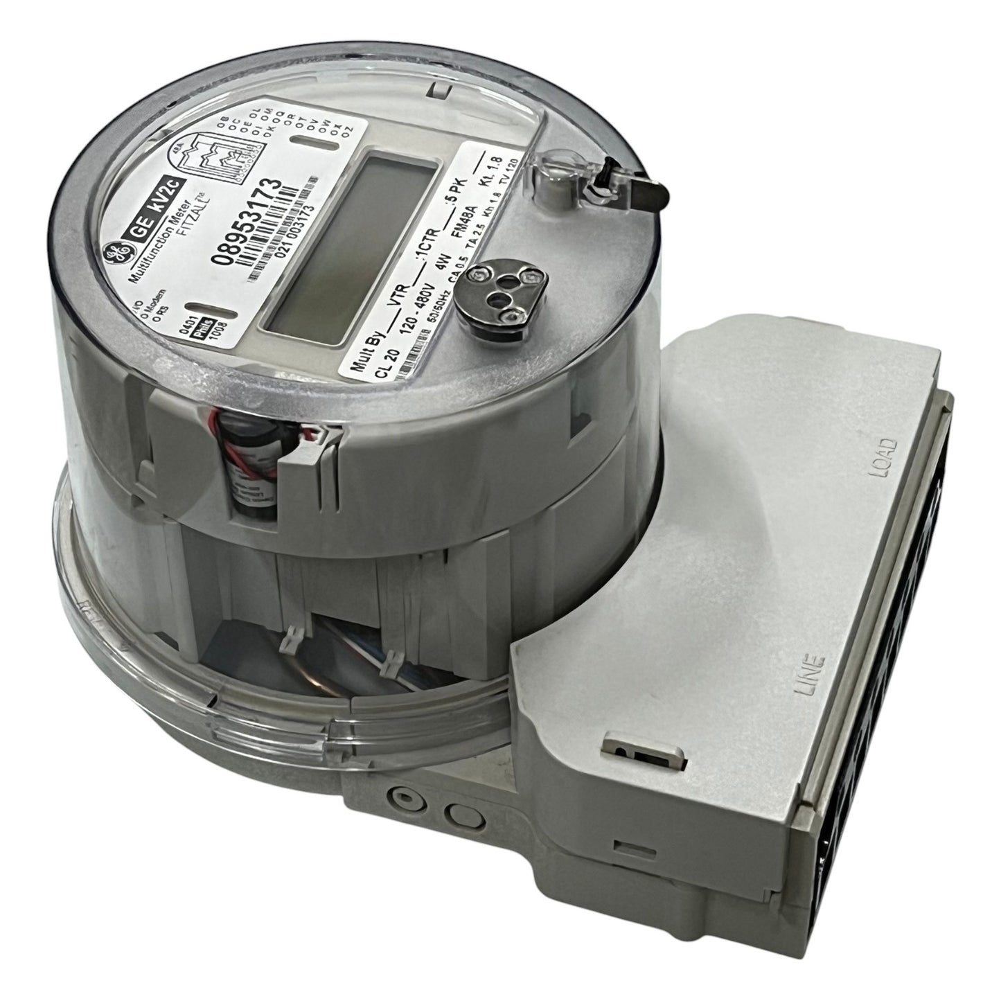 Electric meter with digital display on a white background GE or Aclara KV2C FM48A KWH Electric Meter CT Rated 3 Phase 4 Wire CL20 TA2.5 60Hz 120V- 480VAC Electx Electrical SUpply