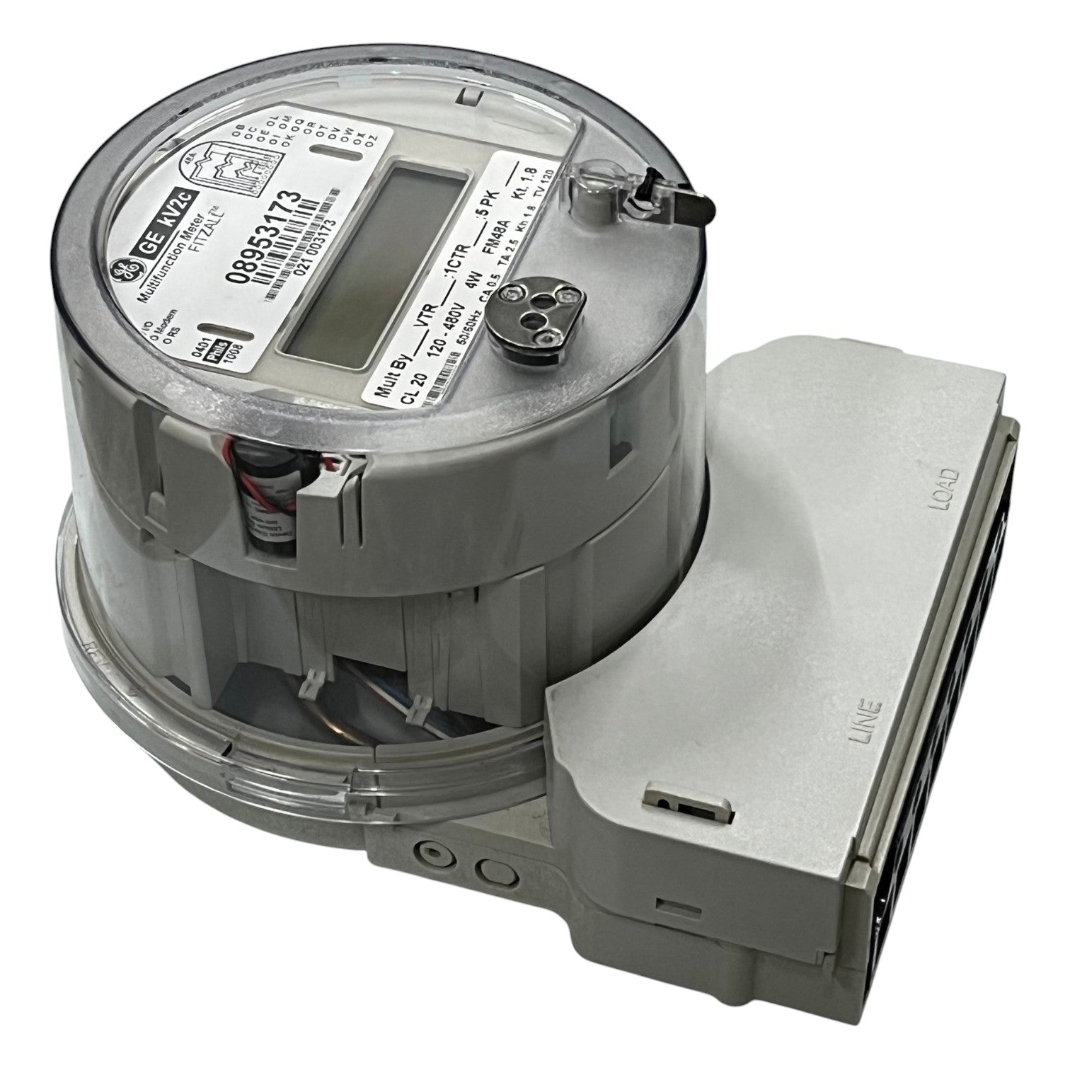 Electric meter with digital display on a white background GE or Aclara KV2C FM48A KWH Electric Meter CT Rated 3 Phase 4 Wire CL20 TA2.5 60Hz 120V- 480VAC Electx Electrical SUpply