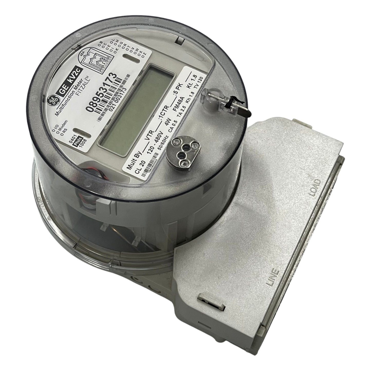 Electric meter with visible branding on a white background GE or Aclara KV2C FM48A KWH Electric Meter CT Rated 3 Phase 4 Wire CL20 TA2.5 60Hz 120V- 480VAC Electx Electrical SUpply