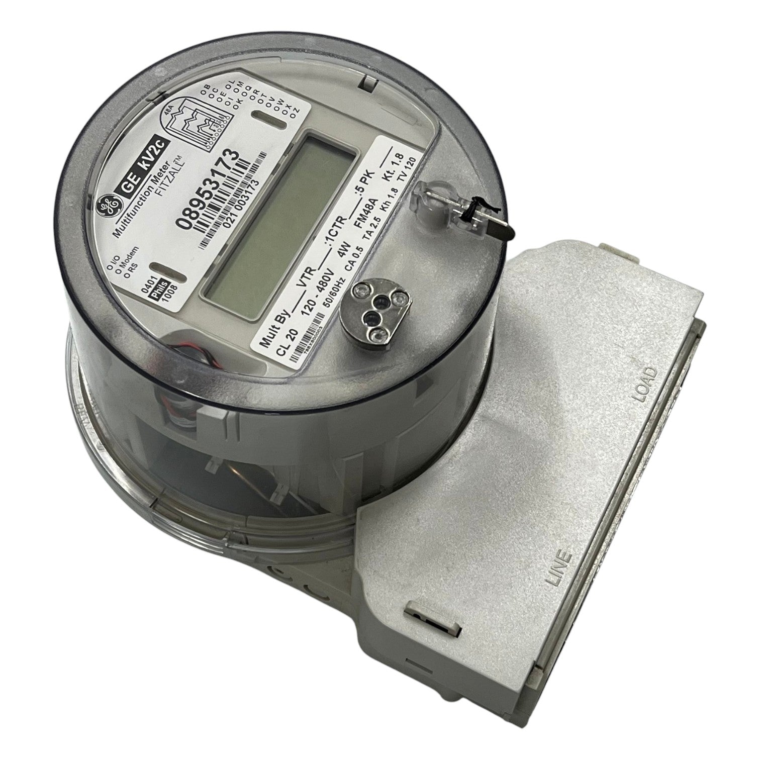 Electric meter with visible branding on a white background GE or Aclara KV2C FM48A KWH Electric Meter CT Rated 3 Phase 4 Wire CL20 TA2.5 60Hz 120V- 480VAC Electx Electrical SUpply