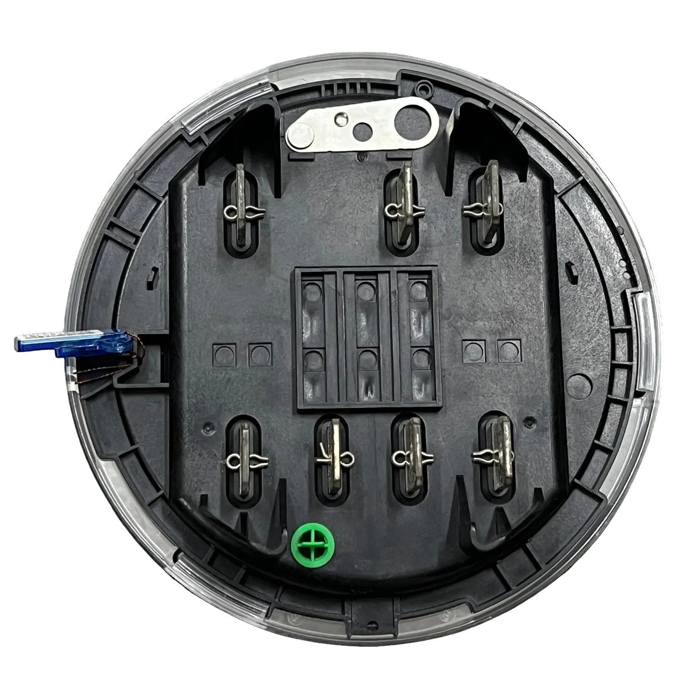 GE and Aclara 3 phase KWH electric meter base with black circular housing and terminal connections