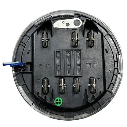 GE and Aclara 3 phase KWH electric meter base with black circular housing and terminal connections