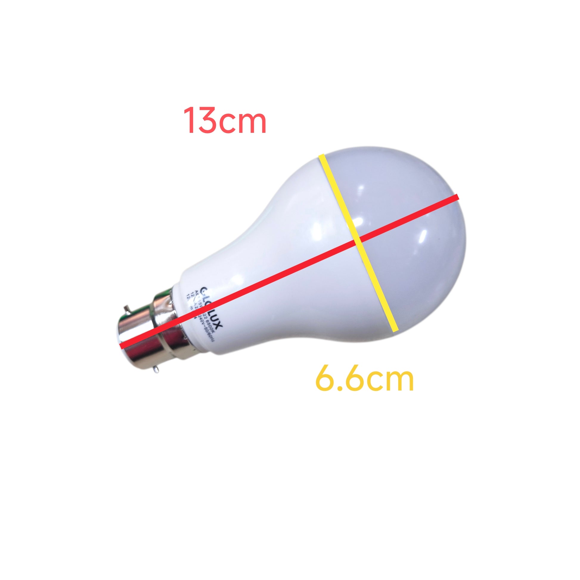 LED light bulb with measurements on a white background