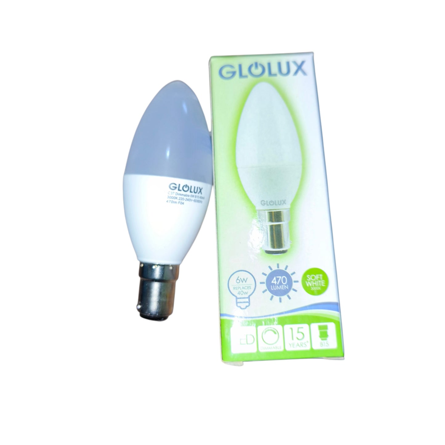 Glowlux LED bulb and its packaging on a white background