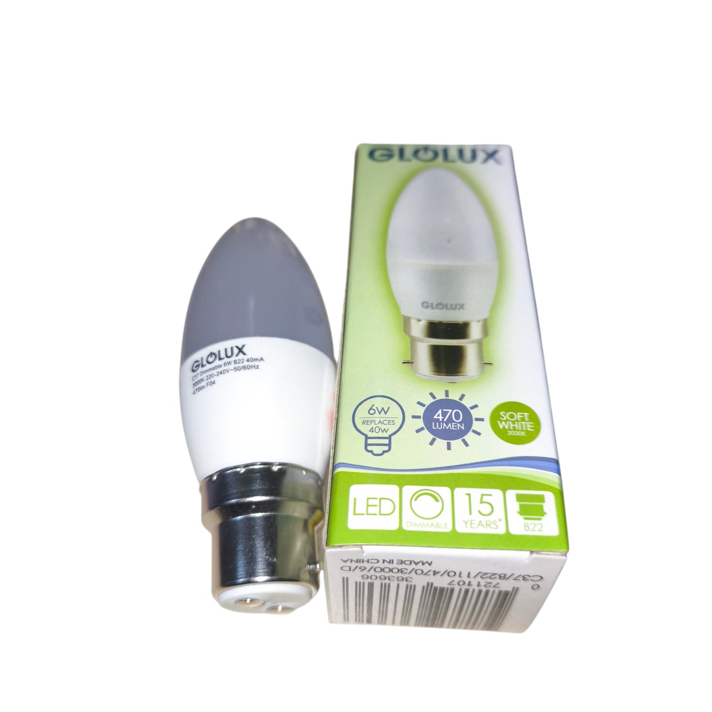 Glolux LED light bulb and its packaging on a white background
