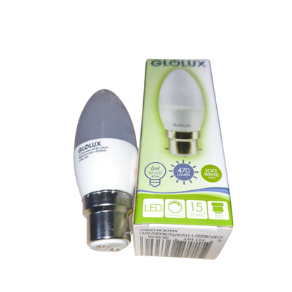 Glolux LED light bulb and its packaging on a white background