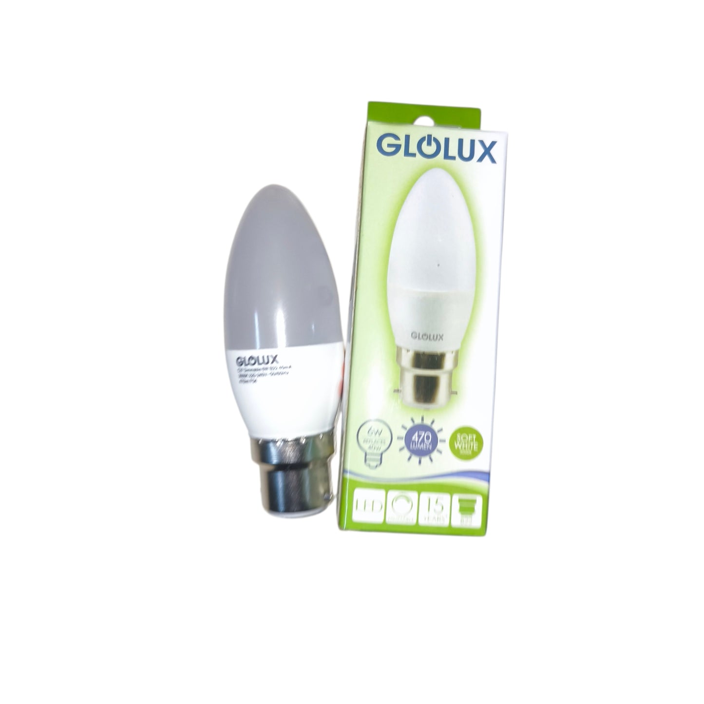 Glowlux LED bulb and its packaging on a white background