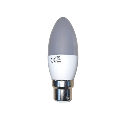 Candle-shaped LED bulb with a white base on a white background