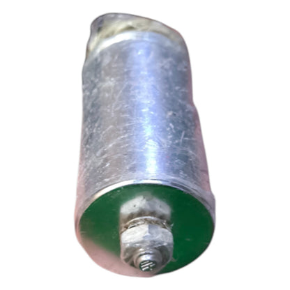 Cylindrical mechanical component with green and silver colors on a white background