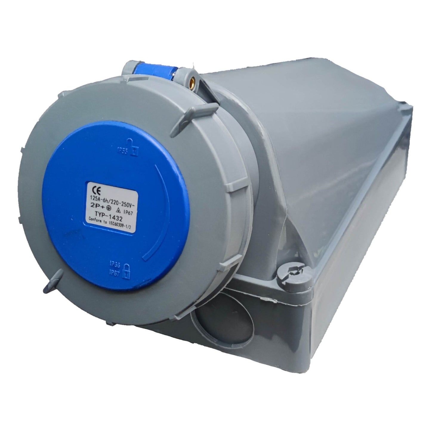 Mechanical component with blue and gray colors on a white background